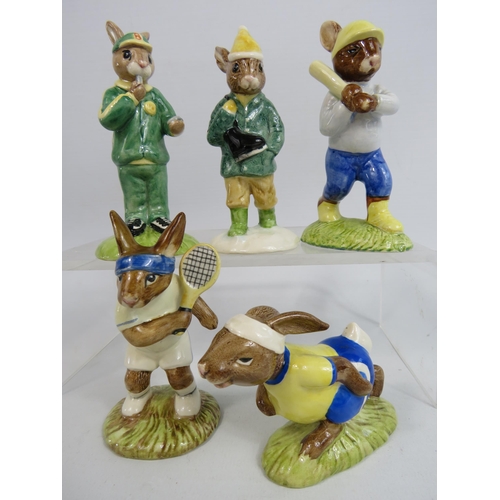 59 - 5 Royal Doulton Bunnykins figurines, Ace, stop watch, Running, Boy skater and Home run.