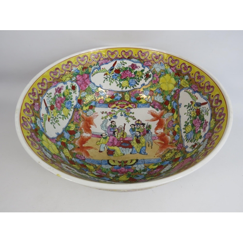 99 - Large chinese Famille rose style bowl standing on a rosewood base. 7