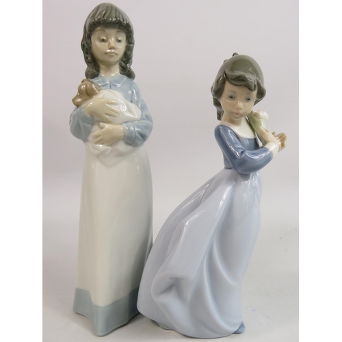 247 - 2 Nao figurines of girls one with a dog and one with flowers.