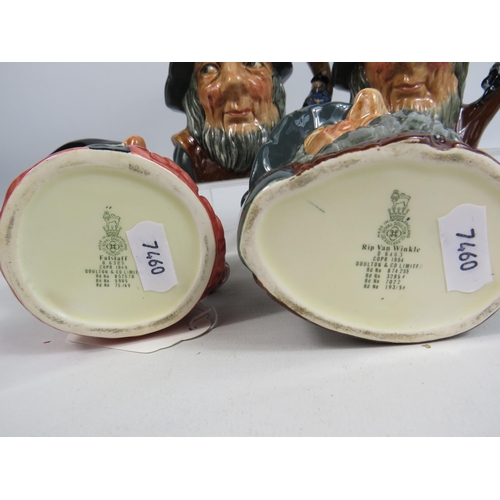 250 - 3 early version Royal Doulton Rip van winkle small toby jugs and on Falstaff jug.