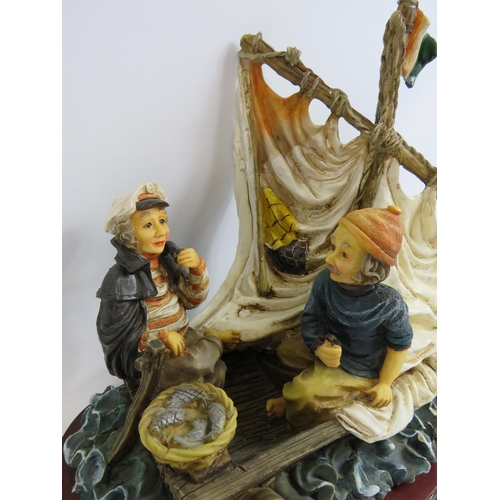 271 - Resin sculpture of a boat and fishermen. Aprrox 28cm tall and 34cm long.