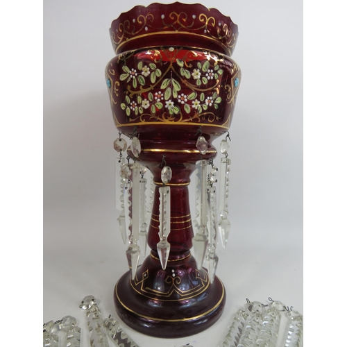 35 - Large Victorian ruby glass lustre with hand painted decoration and a spare set of glass droplets.