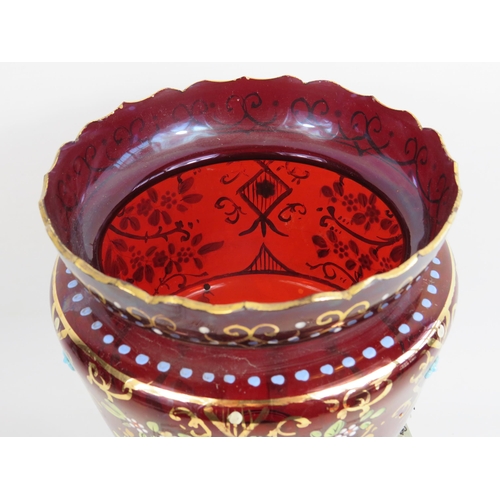 35 - Large Victorian ruby glass lustre with hand painted decoration and a spare set of glass droplets.