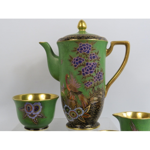 47 - Rare Royal Crown Devon lustre and enamel coffee set. (small chip to base of coffee pot and 1 cup)