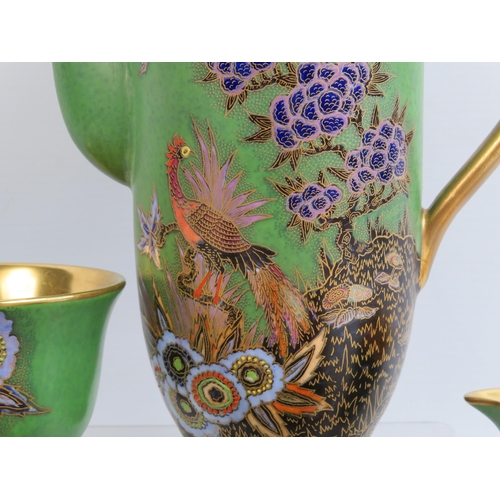 47 - Rare Royal Crown Devon lustre and enamel coffee set. (small chip to base of coffee pot and 1 cup)