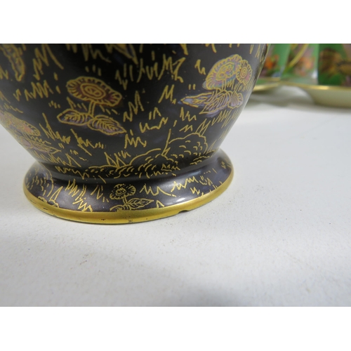 47 - Rare Royal Crown Devon lustre and enamel coffee set. (small chip to base of coffee pot and 1 cup)