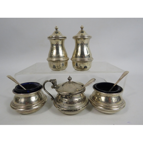 294 - Birmingham sterling silver 1939 S Blanckensee and son Cruet set with blue liners and spoons, Total s... 