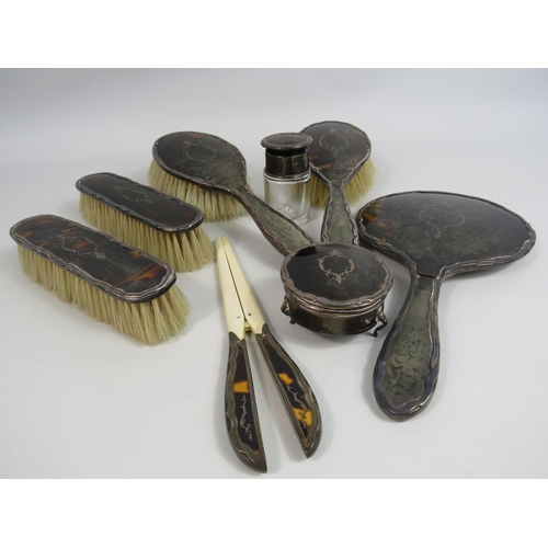 298 - Walker and Hall Sheffield sterling silver and tortoiseshell vanity dressing table set.