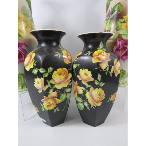 66 - 2 Pairs of Vintage transfer printed vases one by Crown Ducal. The tallest are 15.5