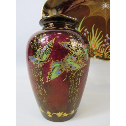 95 - Devon Fieldings Slyvan lustre vase plus a Carltonware Rouge royale dish.