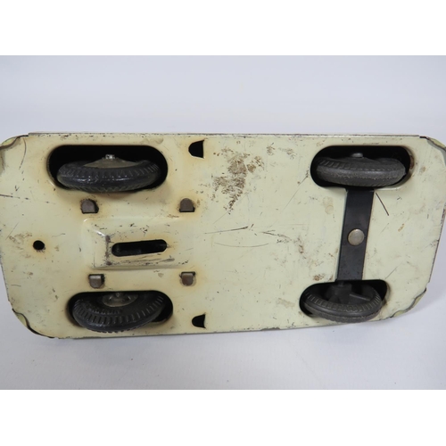 969 - Three British made Tin plate friction motor toy cars and loco.  Fair condition.  See photos.