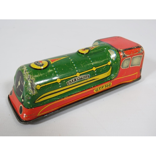 969 - Three British made Tin plate friction motor toy cars and loco.  Fair condition.  See photos.