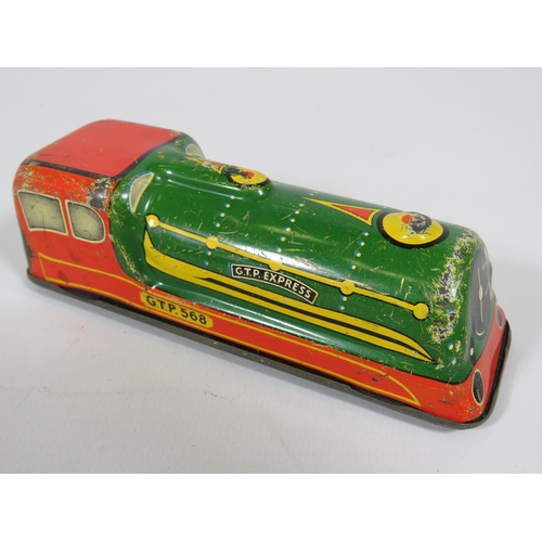 969 - Three British made Tin plate friction motor toy cars and loco.  Fair condition.  See photos.