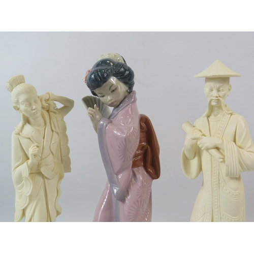 19 - Lladro figurine of a oriental girl with a fan which stand 11.5