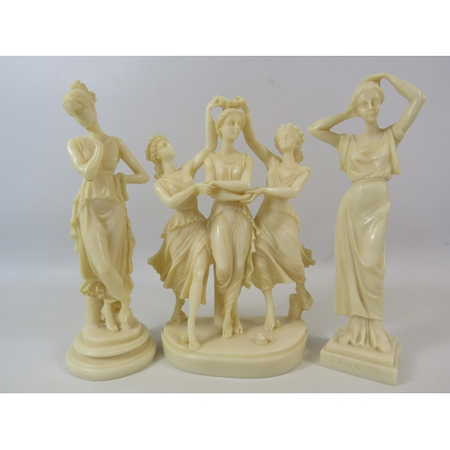 20 - 3 Greek resin figurines including the three graces the tallest measures 9 3/4