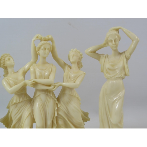 20 - 3 Greek resin figurines including the three graces the tallest measures 9 3/4