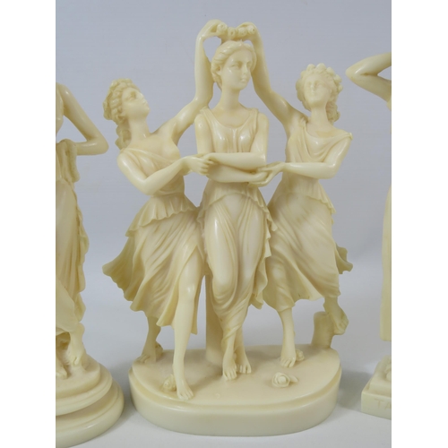 20 - 3 Greek resin figurines including the three graces the tallest measures 9 3/4