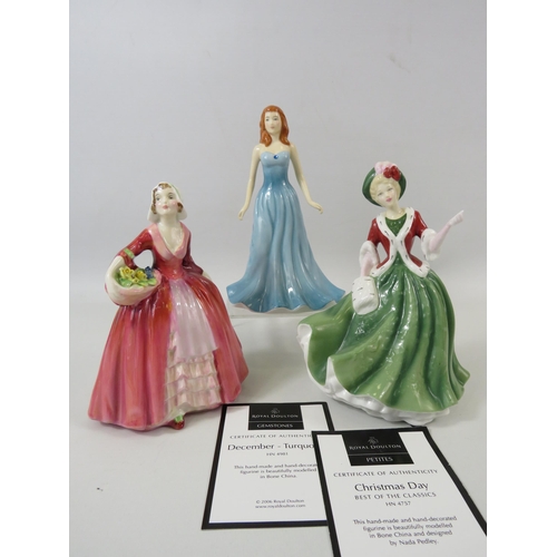 26 - 3 Royal Doulton figurines Christmas Day HN4757, Gemstones December Turquoise HN4981 and Janet HN1537... 