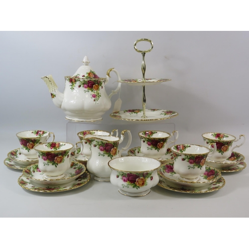 35 - Royal Albert Old Country Roses teaset and a 2 tier cake stand, 22 pieces in total.