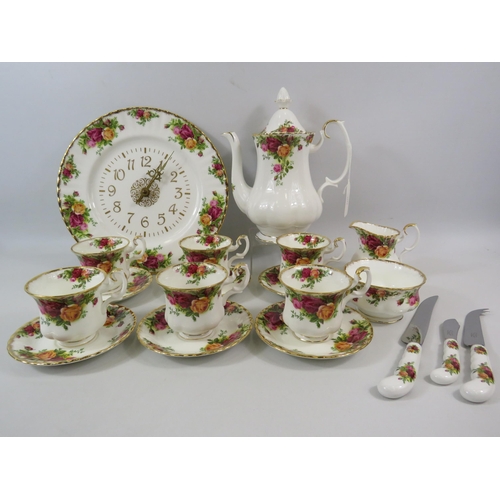 51 - Royal Albert Old Country Roses Coffee set, clock and knives. 19 Pieces in total.