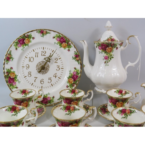 51 - Royal Albert Old Country Roses Coffee set, clock and knives. 19 Pieces in total.