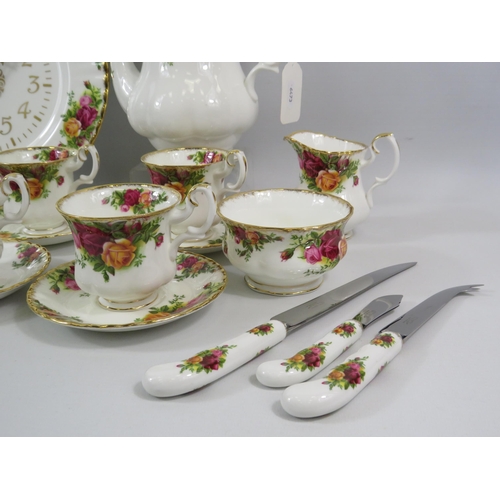 51 - Royal Albert Old Country Roses Coffee set, clock and knives. 19 Pieces in total.