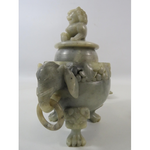 63 - Carved oriental soapstone incense lidded jar and a fish dish.