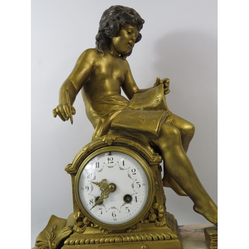 76 - Antique French Societe Clusienne Gilt bronze figural mantle clock on a marble base in working condit... 