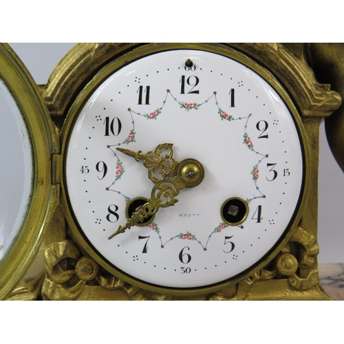 76 - Antique French Societe Clusienne Gilt bronze figural mantle clock on a marble base in working condit... 