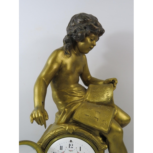 76 - Antique French Societe Clusienne Gilt bronze figural mantle clock on a marble base in working condit... 