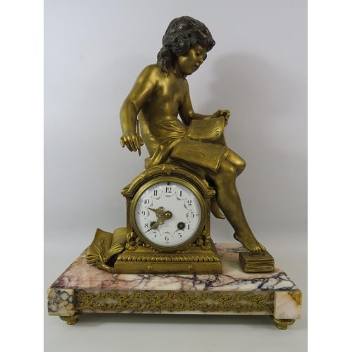 76 - Antique French Societe Clusienne Gilt bronze figural mantle clock on a marble base in working condit... 