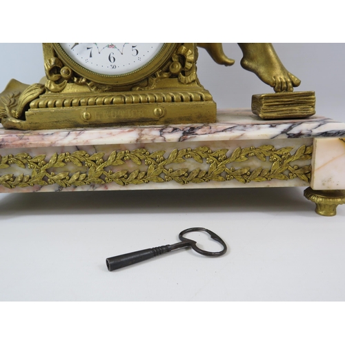 76 - Antique French Societe Clusienne Gilt bronze figural mantle clock on a marble base in working condit... 