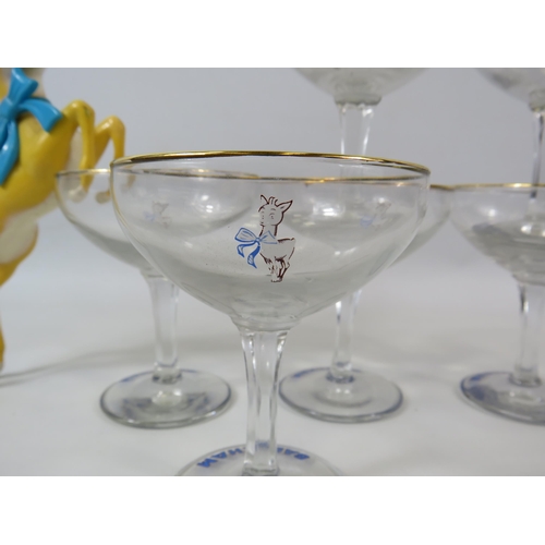 83 - 6 Babycham glasses with the white motif plus a leaping plastic figurine.