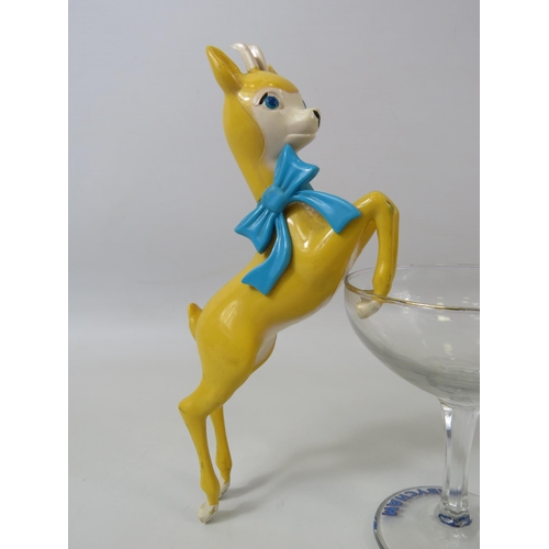 83 - 6 Babycham glasses with the white motif plus a leaping plastic figurine.