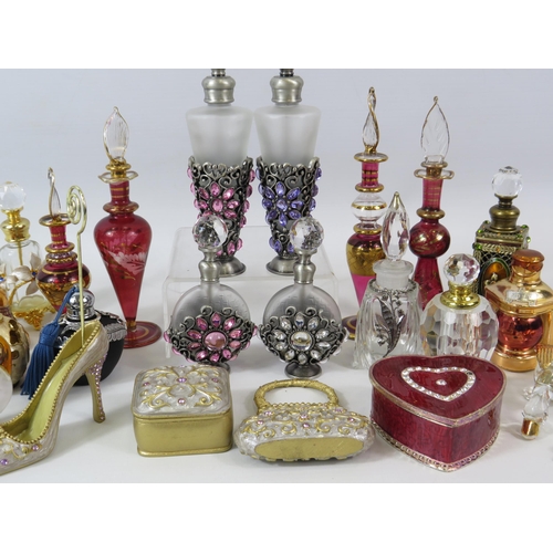 98 - Large selection of Perfume bottles, enamel trinket boxes etc.