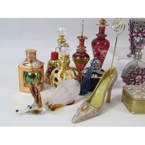 98 - Large selection of Perfume bottles, enamel trinket boxes etc.