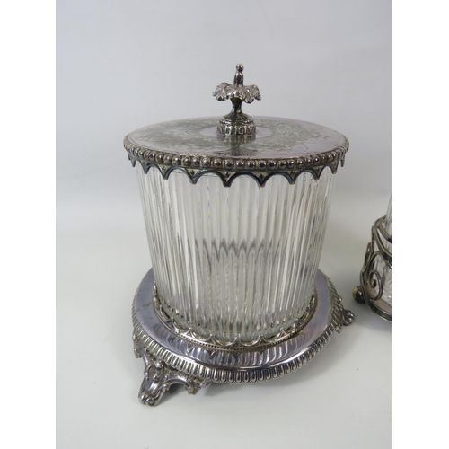 99 - Victorian glass and silver plated sweet jar and a pair of pickle jars in silver plated carry basket.