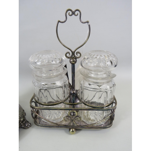 99 - Victorian glass and silver plated sweet jar and a pair of pickle jars in silver plated carry basket.