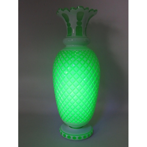 102 - Large Bohemian white and uranium glass vase possibly Moser. Slight nibble chips to the rim, 15 3/4