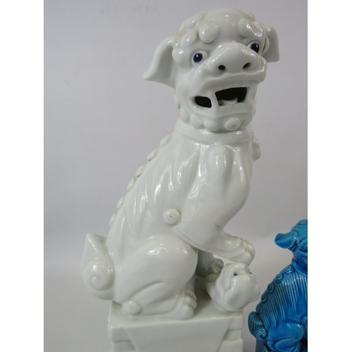 107 - Large white chinese Foo dog plus a smaller Turquoise Foo dog. The tallest measures 12