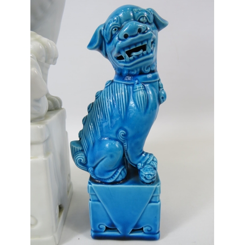 107 - Large white chinese Foo dog plus a smaller Turquoise Foo dog. The tallest measures 12