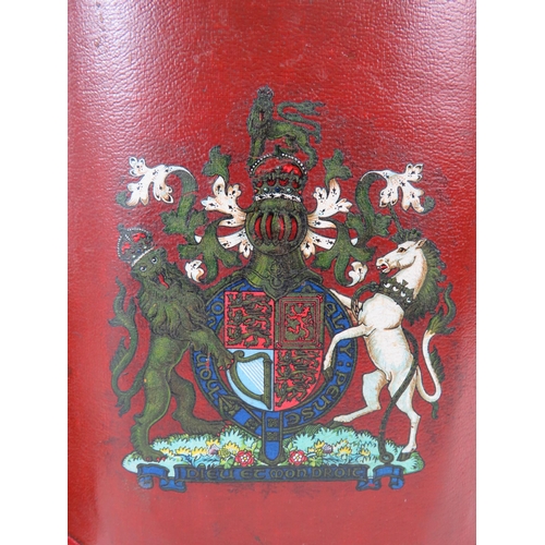 126 - Antique metal leather clad waste paper bin bearing the Royal coat of arms with the Kings crown and a... 