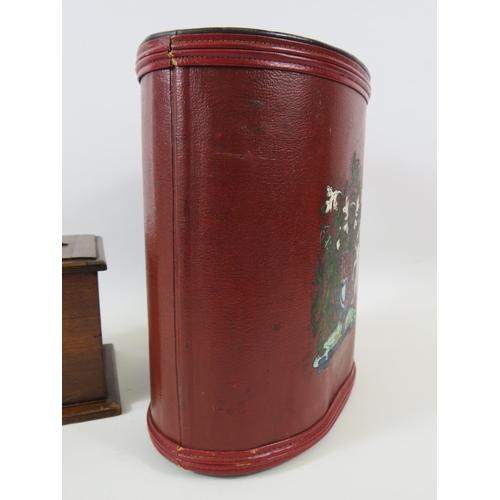 126 - Antique metal leather clad waste paper bin bearing the Royal coat of arms with the Kings crown and a... 