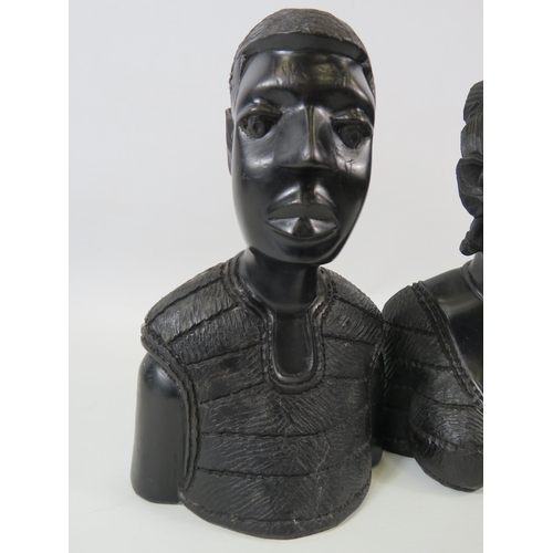 130 - Pair of African hand carved ebonised wood busts, approx 7.5