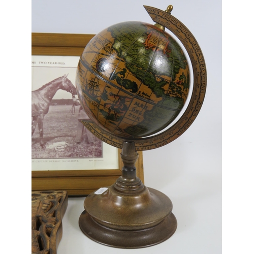 149 - Mixed lot including a wooden world globe, framed race horse picture and a carved wood photo frame.