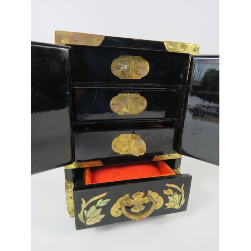 154 - Oriental jewellery box with mother of pearl inlay and brass fittings, approx 8 1/4