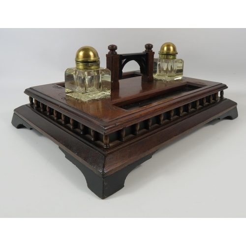 167 - Antique wooden desk set with glass and brass ink wells and pen rest. 7