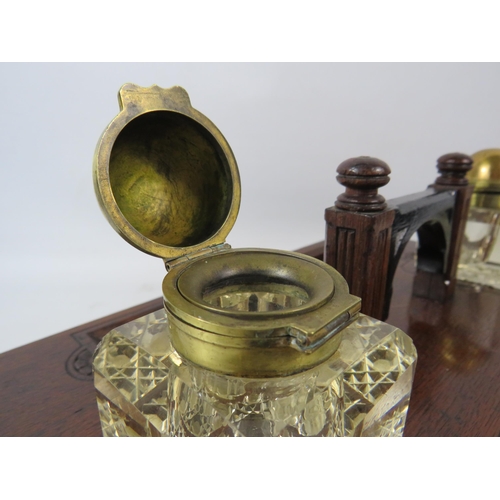 167 - Antique wooden desk set with glass and brass ink wells and pen rest. 7