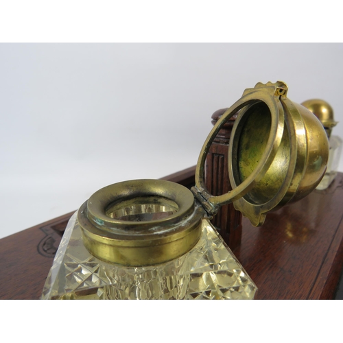 167 - Antique wooden desk set with glass and brass ink wells and pen rest. 7