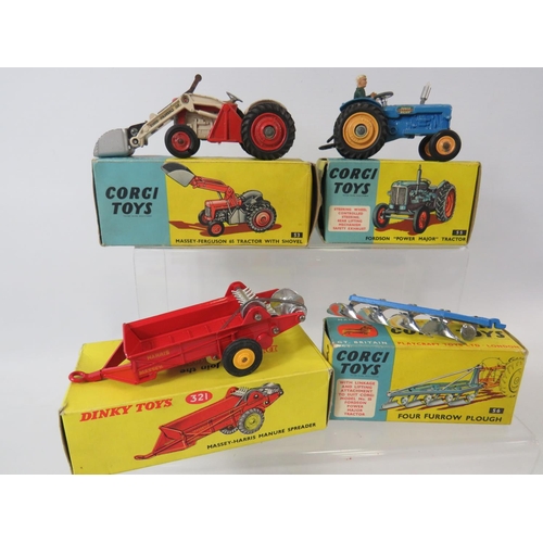 1611 - Three Boxed Corgi Die Cast Agricultural Models. All boxed, Light playworn,  Plus a Dinky 321 Manure ... 